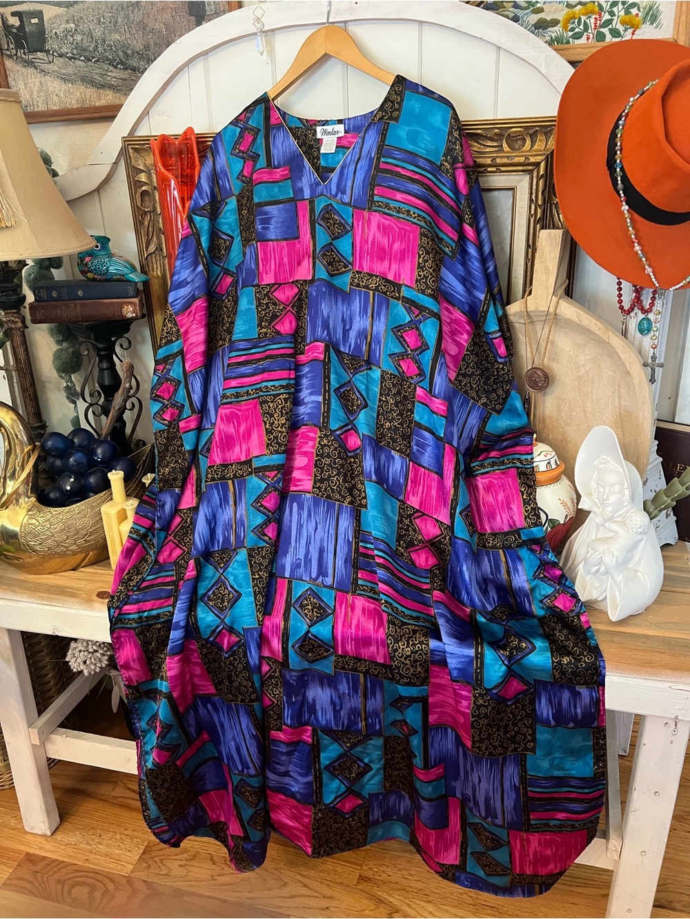 Vintage Mrs.Roper Winlar Bright Satin Caftan Kaftan One Size Pool Lounge
